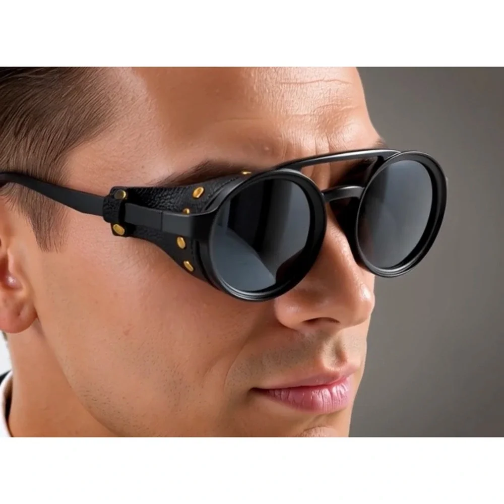 Steampunk Sunglasses Round Goggles Side Shield Rivets Retro Vintage Style Lentes